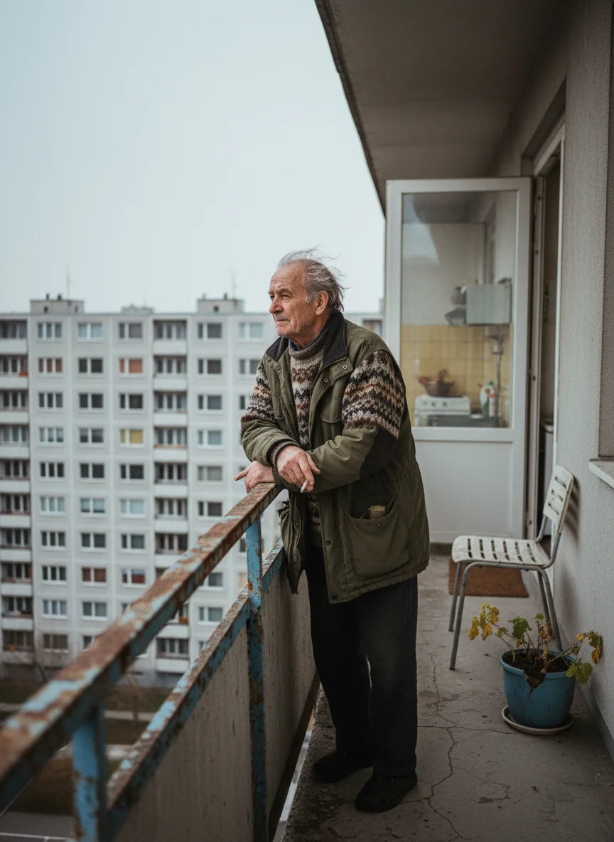 Idős férfi egyedül az erkélyen