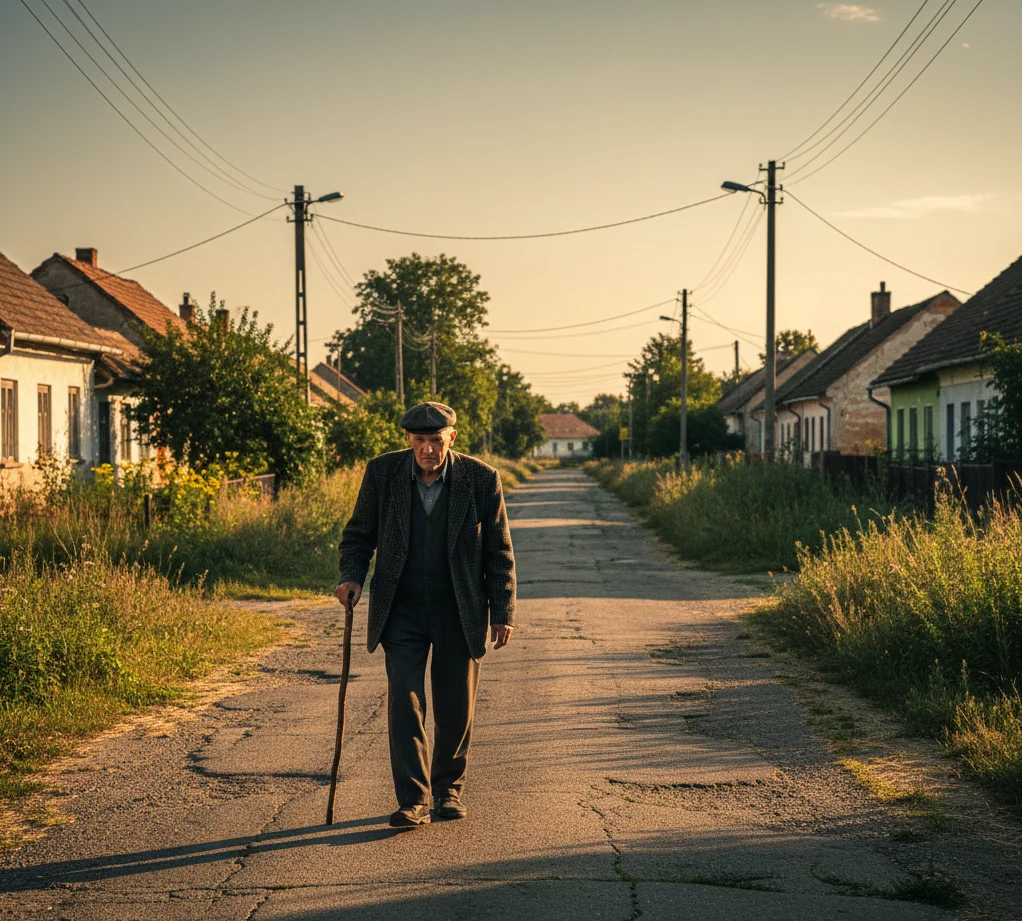 Idős férfi egyedül sétál a faluban