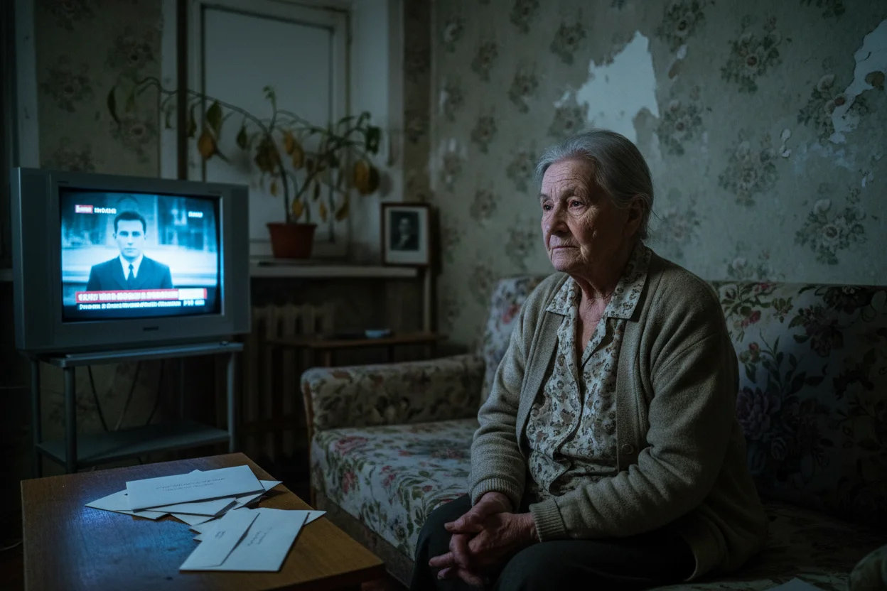 Idős nő egyedül a nappaliban, TV előtt