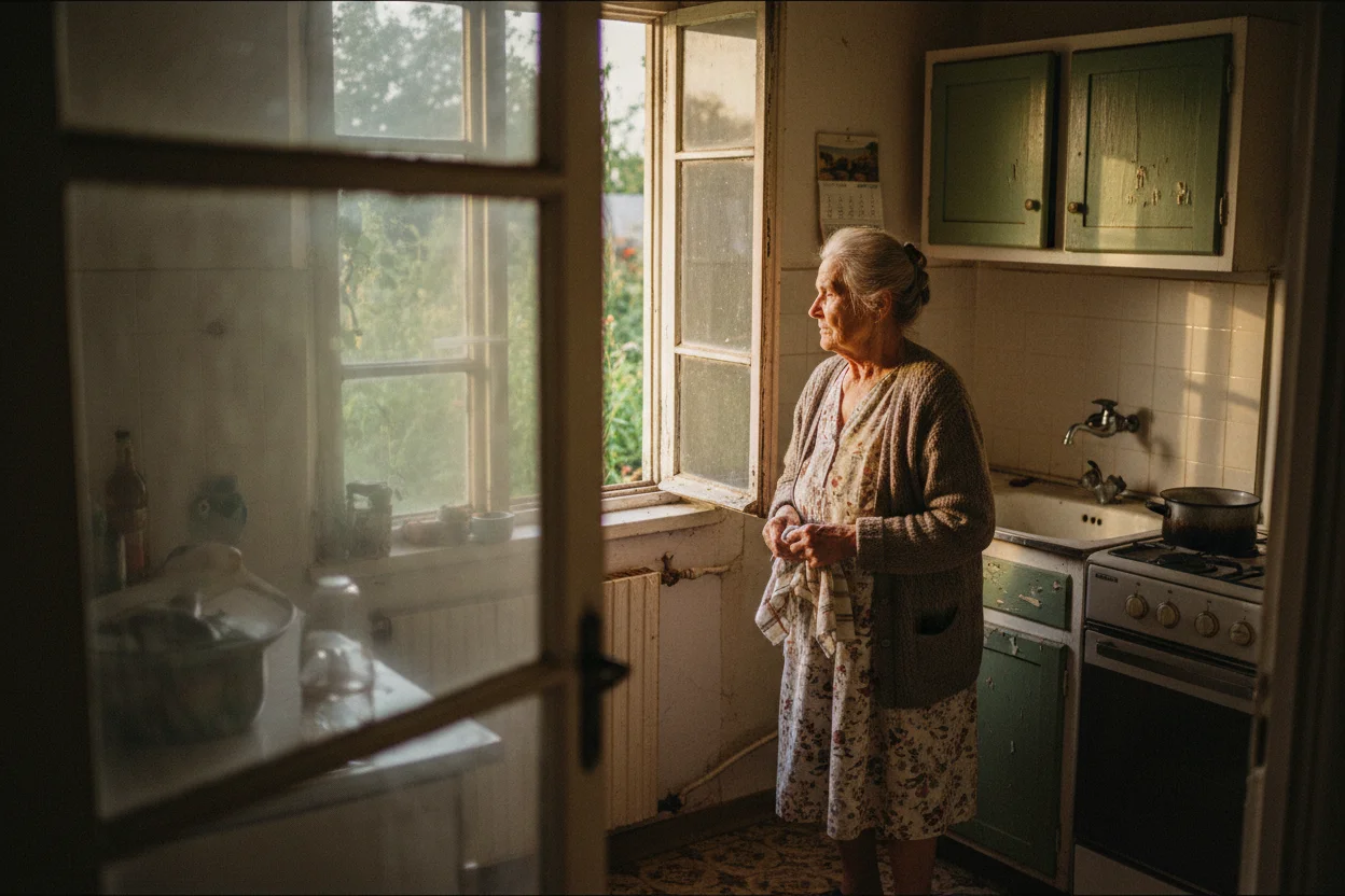 Idős nő otthonában, az ablakban