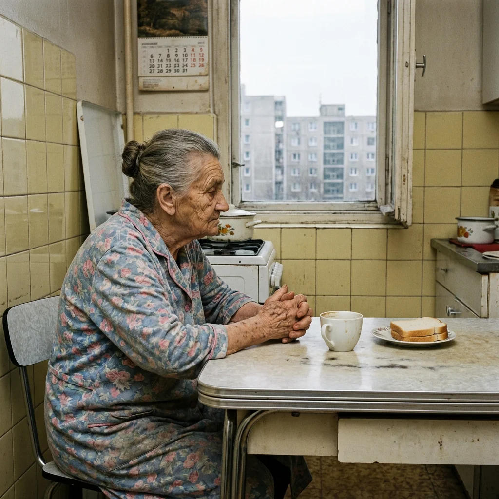 Idős nő egyedül a konyhában